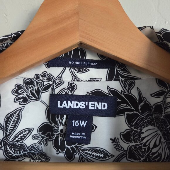 Lands' End No Iron Supima Cotton Floral Shirt Button Up White/Black Women's 16W - Picture 2 of 12